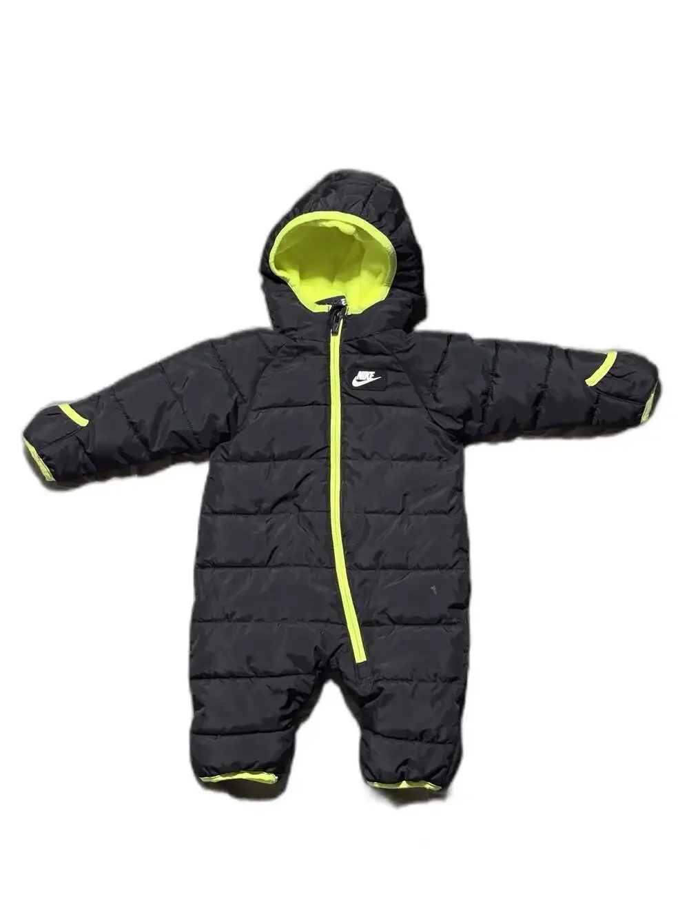 Nike Baby Puffer Snowsuit Hooded Fleece Lined Black Neon Green 3 Months